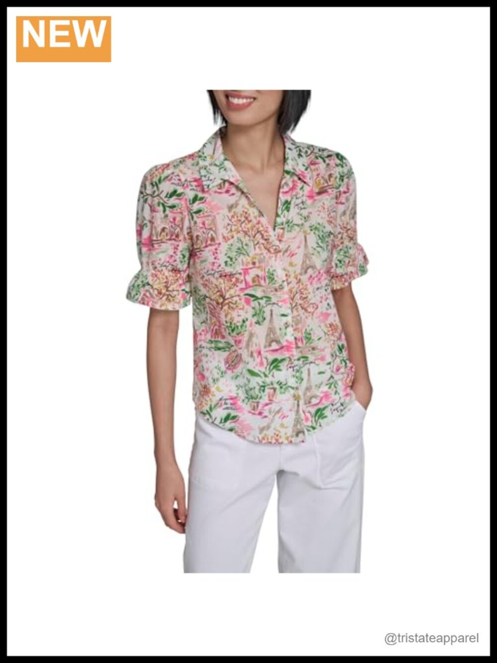 Karl Lagerfeld Women's Cotton Floral Print Button Down Short Sleeve